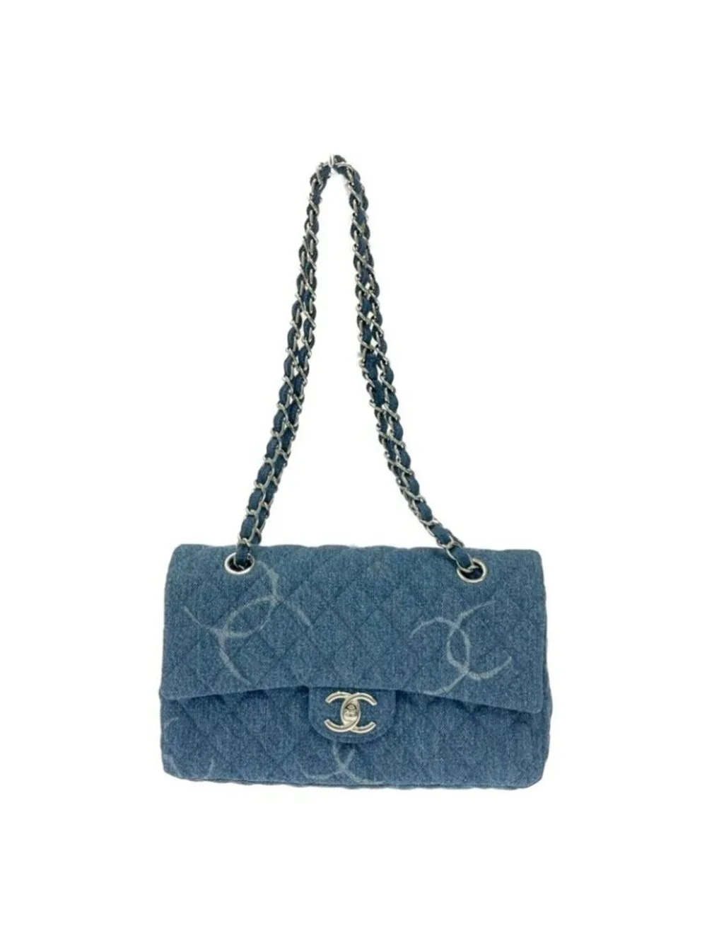 Chanel Quilted Denim Print Chain Shoulder Bag Blue
